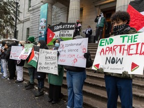 Students from McGill, Concordia and Université de Montréal in Montreal gather on McGill's campus to rally in support of the people of Gaza on Thursday, Nov. 9, 2023.