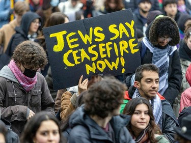 A sign in a crowd reads 'Jews say ceasefire now!'