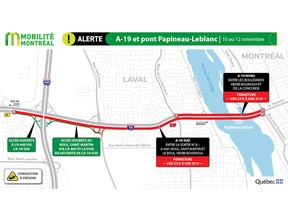 Map showing part of Highway 19 closed this weekend between Highway 440 and Henri-Bourassa Blvd.