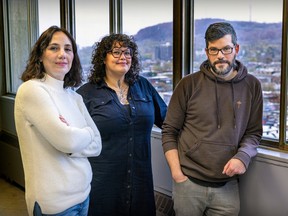 Hugo Sabino-Brunette, Marlene Edoyan, left, and Ana Alice de Morais, heads of the RIDM documentary film festival, at the group’s Montreal office on Monday, Nov. 13, 2023.