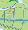 A graphic of a map depicting the potential Jacques-Bizard Blvd. extension project