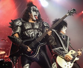 Gene Simmons, left, and Tommy Thayer of Kiss perform at the Bell Centre in Montreal on Saturday, November 19, 2023.