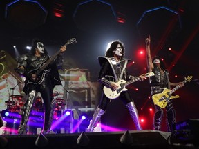 Gene Simmons, Tommy Thayer and Paul Stanley of Kiss perform at the Bell Centre.