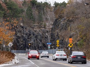 Cars drive on Camilien-Houde Way on Mount Royal in Montreal, Thursday, November 23, 2023.