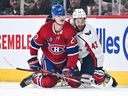 Canadiens' Juraj Slafkovsky got tangled with Capitals' Tom Wilson during game at the Bell Centre on Oct. 21. Slafkovsky only has one assists in 10 games and is averaging only one shot a game this season. 