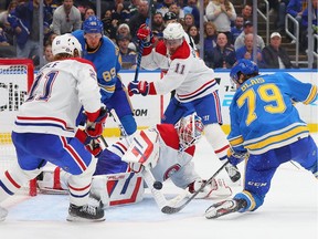 Canadiens goaltender Sam Montembeault makes a save against the St. Louis Blues during the third period at Enterprise Center on Saturday, Nov. 4, 2023, in St. Louis.