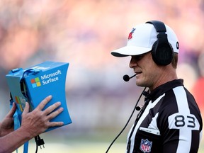 NFL referee Shawn Hochuli is seen peering into a monitor to review a play last weekend.