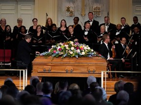 The casket of former first lady Rosalynn Carter is seen during a tribute service at Glenn Memorial United Methodist Church at Emory University on Nov. 28, 2023 in Atlanta, Georgia.