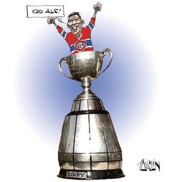 Cartoon of François Legault in a Habs jersey jumping out of the Grey Cup and saying "Go Als!"