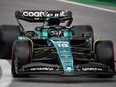 Aston Martin driver Lance Stroll of Montreal powers his car during a qualifying session at the Jose Carlos Pace racetrack in Sao Paulo, Brazil, on Friday, Nov. 3, 2023, ahead of the Formula One Brazil Grand Prix.