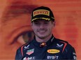 Red Bull Racing's Dutch driver Max Verstappen celebrates on the podium after winning the Formula One Brazil Grand Prix at the Autodromo Jose Carlos Pace racetrack, also known as Interlagos, in Sao Paulo, Brazil, on Sunday, Nov. 5, 2023.