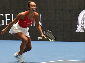 Laval's Leylah Fernandez, playing with Canada's Gabriela Dabrowski, celebrates after beating Czech Republic's Barbora Krejcikova and Katerina Siniakova during the semifinal doubles tennis match between Czech Republic and Canada on Day 5 of the Billie Jean King Cup Finals 2023 in La Cartuja stadium in Seville on Saturday, Nov. 11, 2023.