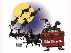 Reindeer pull Santa and his sleigh of gifts past a full moon. There is a Gazette logo on the sleigh.