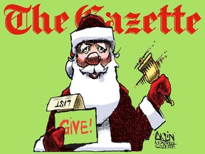 Cartoon of Santa ringing a bell and holding a sign that says "give!"