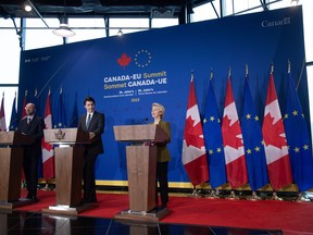 European Council President Charles Michel, Prime Minister Justin Trudeau and European Commission President Ursula von der Leyen (left to right) hold a news conference in St. John's on Friday, Nov.24, 2023 on the second day of the Canada-EU Summit.
