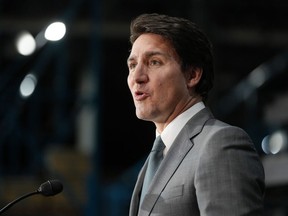 Prime Minister Justin Trudeau speaks during a news conference at lithium battery manufacturer E-One Moli Energy in Maple Ridge, B.C., on Tuesday, Nov. 14, 2023.