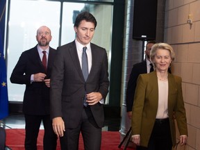 European Council President Charles Michel, Prime Minister Justin Trudeau and European Commission President Ursula von der Leyen (left to right) leave a news conference in St. John's on Friday, Nov.24, 2023 on the second day of the Canada-EU Summit.