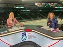Tessa Bonhomme, left, and Cheryl Pounder at the 2022 World Junior Hockey Championship in Edmonton last year.