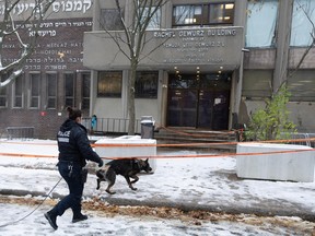 Police search for clues at the Yeshiva Gedolah school after shots were fired at two Jewish schools Thursday, Nov. 9, 2023 in Montreal.