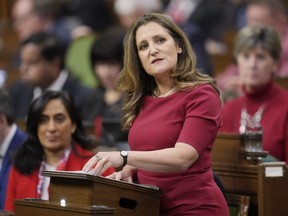 Minister of Finance Chrystia Freeland delivers the Fall Economic Statement in the House of Commons in Ottawa on Tuesday, Nov. 21, 2023.
