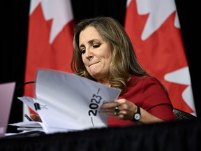 Minister of Finance Chrystia Freeland arrives at a news conference before the tabling of the Fall Economic Statement, in Ottawa, on Tuesday, Nov. 21, 2023.