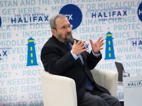 Former Israeli prime minister Ehud Barak speaks at the 2023 Halifax International Security Forum in Halifax on Saturday, Nov. 18, 2023.