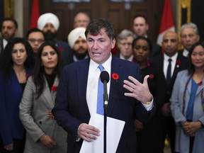 Public Safety Minister Dominic LeBlanc addresses reporters in the foyer of the House of Commons.