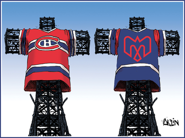 Cartoon of two metal crosses, like the one atop Montreal's Mount Royal. One is wearing a Montreal Canadiens jersey while the other is wearing a Montreal Alouettes Jersey