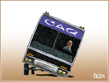 Cartoon of François Legault driving the CAQ campaign bus, but half the wheels have fallen off