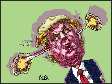 Cartoon of Donald Trump with horns and steam coming out of his ears