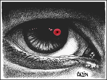 Black-and-white illustration of an eye with a red poppy in it