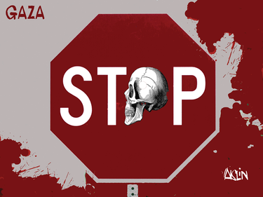 Cartoon of a stop sign in front of a map of Canada. The "O" has been replaced with a skull. The caption says "Gaza"