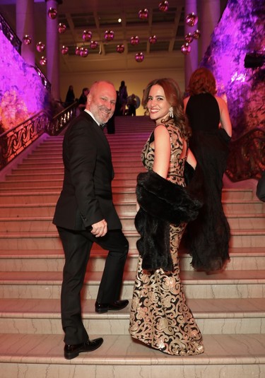 Michel Leblanc, CEO of the Chamber of Commerce of Metropolitan Montreal, and Caroline Codsi, founder/CEO of Women in Governance, head into the Montreal Museum of Fine Arts Ball on Saturday, November 18, 2023.