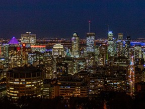 Skyline of downtown Montreal at night.