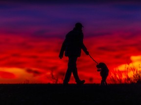 The siloutte of a man and dog against a spectacular red and orange sunset
