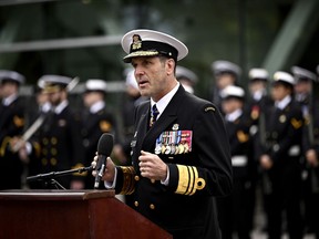 Vice-Admiral Angus Topshee, commander of the Canadian Navy, speaks during the rededication of the National Naval Reserve Monument at HMCS Carleton in Ottawa, on Saturday, Oct. 14, 2023. Topshee says the force is in a "critical state" with many occupations at or below 80 per cent of their normal staffing.