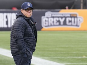 Montreal Alouettes general manager Danny Maciocia watches his team during practice ahead of the 110th CFL Grey Cup against the Winnipeg Blue Bombers in Hamilton, Ont., Friday, Nov. 17, 2023.