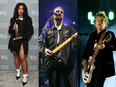 Three-panel graphic showing SZA, Noah Kahan and Green Day's Billie Joe Armstrong