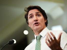close-up image of prime minister justin trudeau at a lectern.