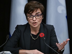 Quebec Immigration Minister Christine Frechette speaks during a news conference, Wednesday, Nov. 1, 2023, at the legislature in Quebec City. Quebec's immigration minister says the number of asylum seekers entering the province is "abnormal."