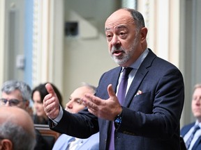 Christian Dubé gestures while speaking in the National Assembly Blue Room