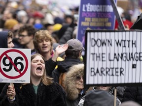 Students protest against the Quebec government's planned tuition hikes for out-of-province students, Monday, Oct. 30, 2023.