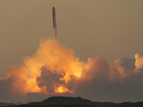 SpaceX's mega rocket Starship launches for a test flight from Starbase in Boca Chica, Tex., on Saturday, Nov. 18, 2023.