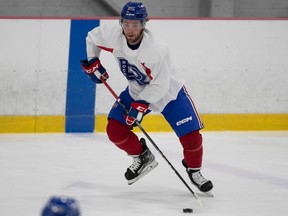 Brandon Gignac is seen on the ice with the puck on his stick during a practice in Laval.