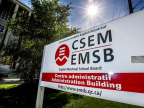 Photo shows outdoor sign of the EMSB administrative offices in Montreal.
