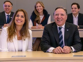 Premier François Legault and Higher Education Minister Pascale Déry attend an event at the HEC Montréal business school on Friday, September 15, 2023.