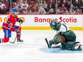 Wild goalie Marc-André Fleury sprawls to stop shot by Canadiens' Johnathan Kovacevic during October game at the Bell Centre.