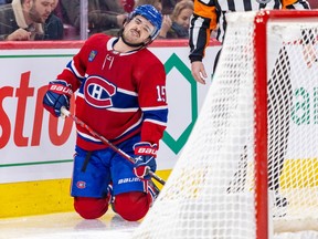 Canadiens' Alex Newhook grimaces after crashing into the Panthers net during game at the Bell Centre last Thursday.
