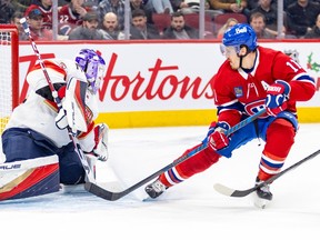 Canadiens' Brendan Gallagher watches his shot go wide past Panthers goalie Sergei Bobrovsky during third-period action at the Bell Centre Thursday night.
