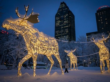 A person walks by large lit-up sculptures of moose covered in snow with skyscrapers in the background